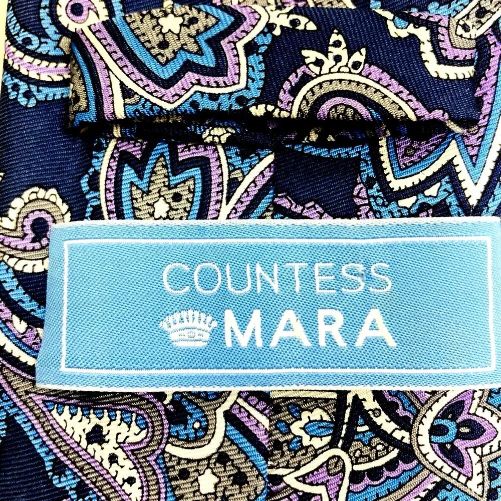 Countess Mara Tie Paisley Floral Blue Purple Repp Weave Silk Preppy Mob Luxury